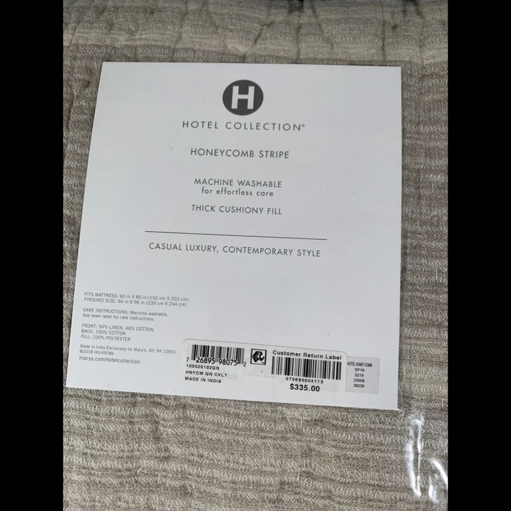 NIB Hotel Collection Honeycomb Full/Queen Coverlet in Linen/Cotton‎